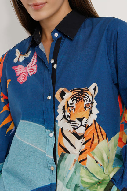 Blue shirt with tiger and butterfly design