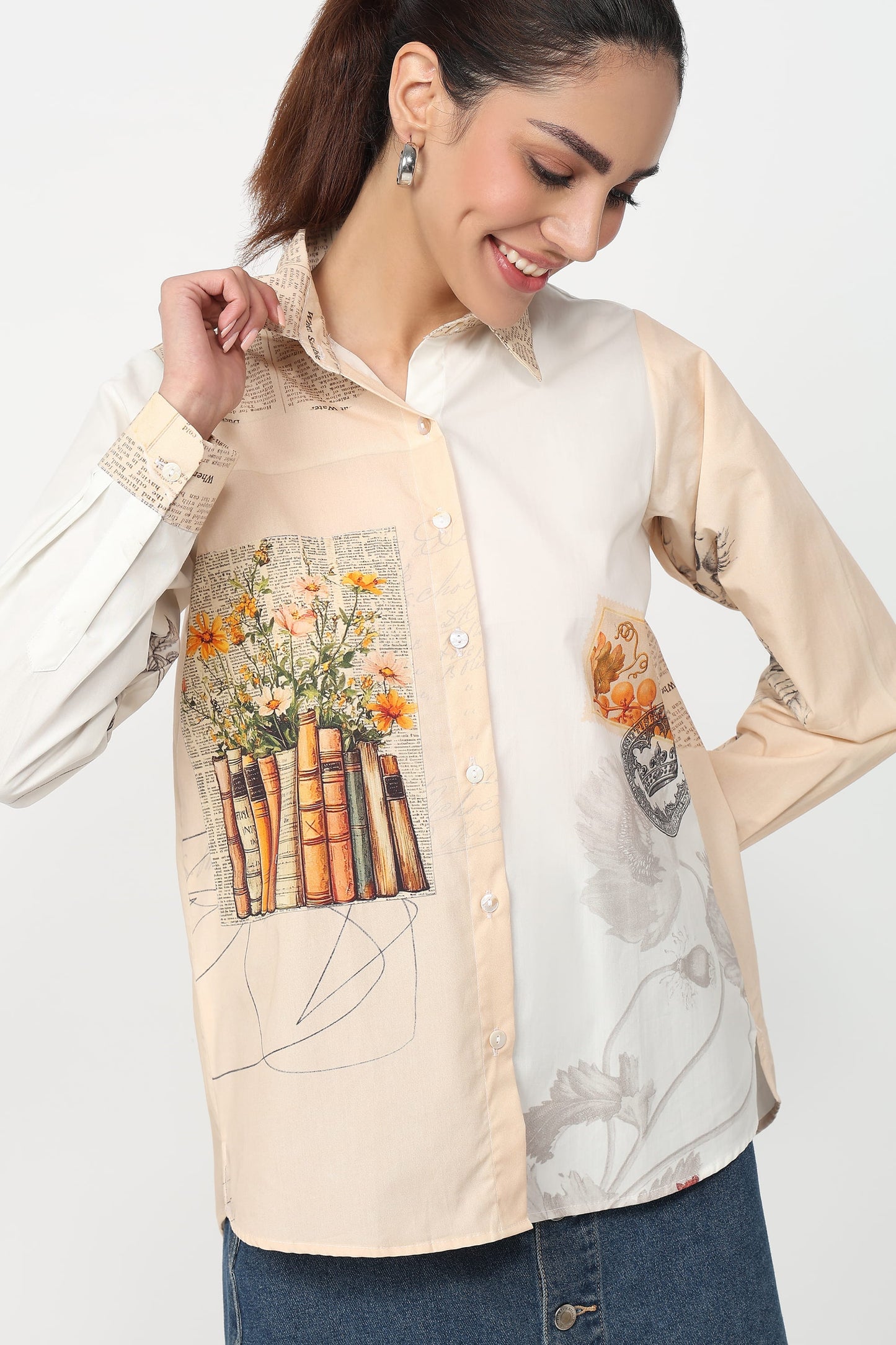 Woman wearing a beige shirt with floral and bamboo design on a white background