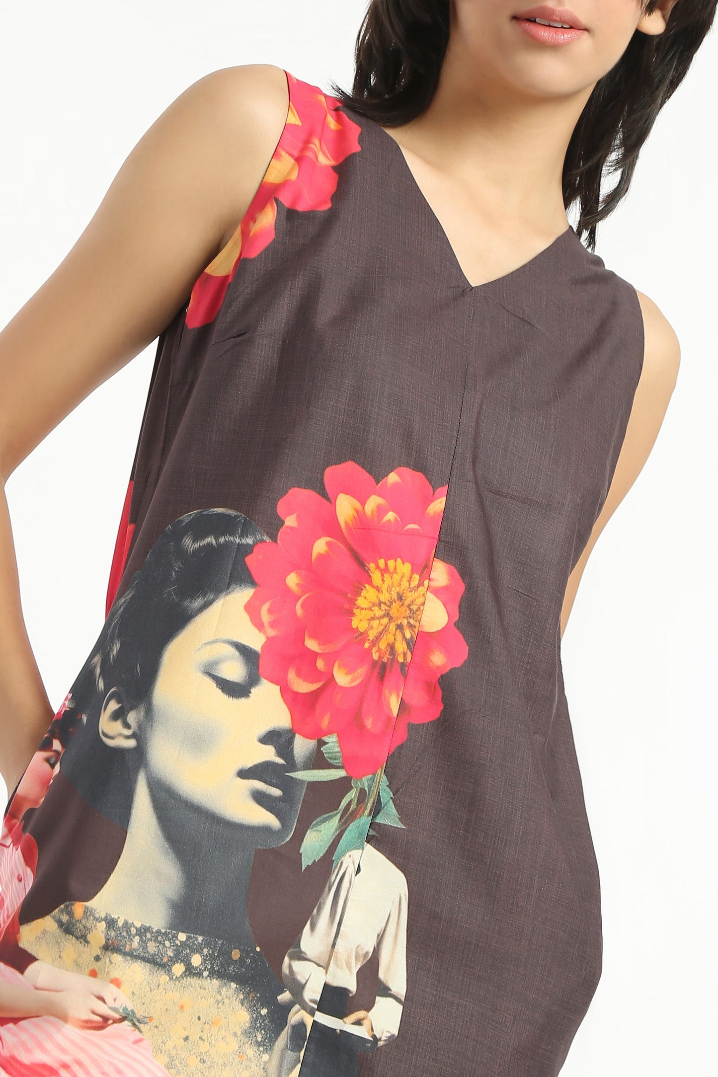 Whispering Rose Print sleeveless cotton satin short dress