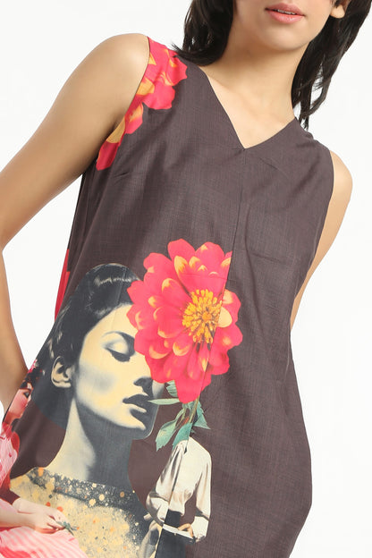 Whispering Rose Print sleeveless cotton satin short dress