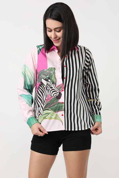 Zebra Stripe Fusion shirt with zebra and tropical leaf print and green cuffs